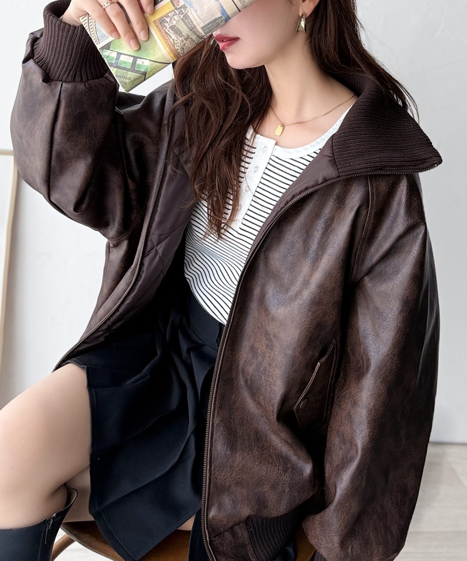 日本🇯🇵連線 JAVA 寬鬆皮革外套 皮衣 oversized 仿舊 寬鬆 螺紋領 黑色 棕色(任買兩件711免運)/預購