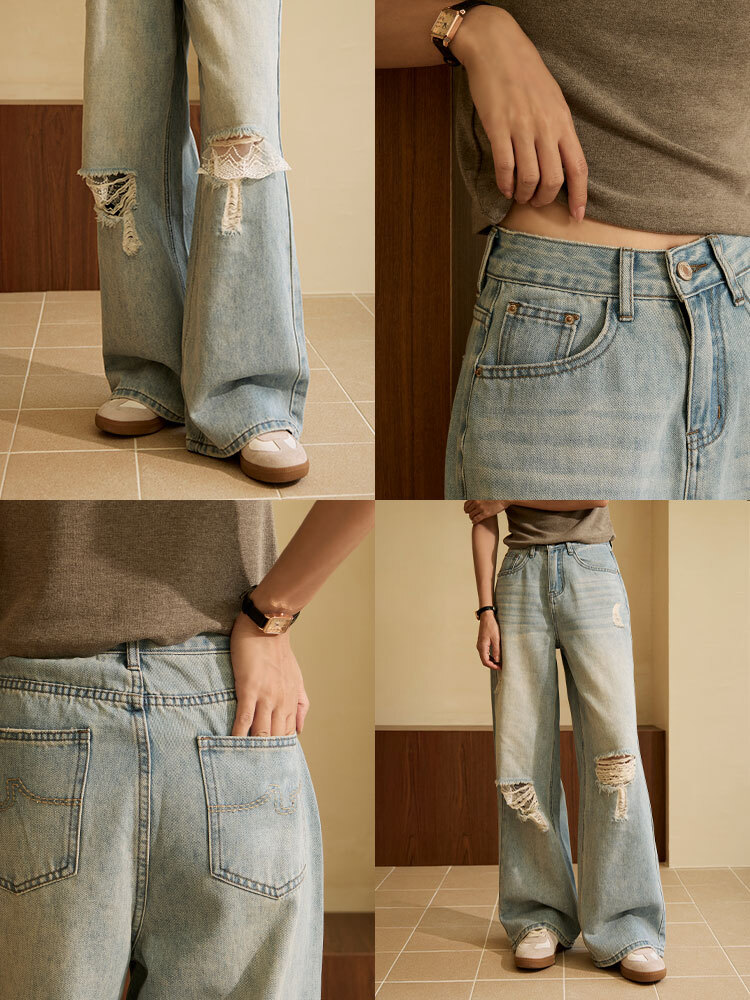 OH!HER 高腰刷破拼接蕾絲牛仔寬褲