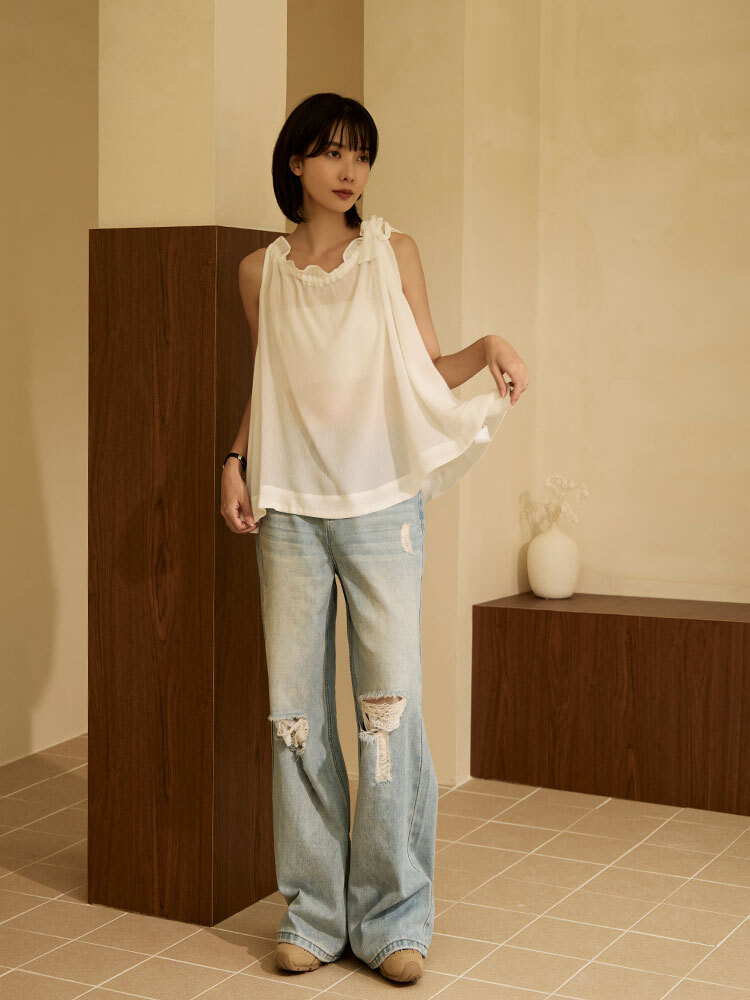 OH!HER 高腰刷破拼接蕾絲牛仔寬褲