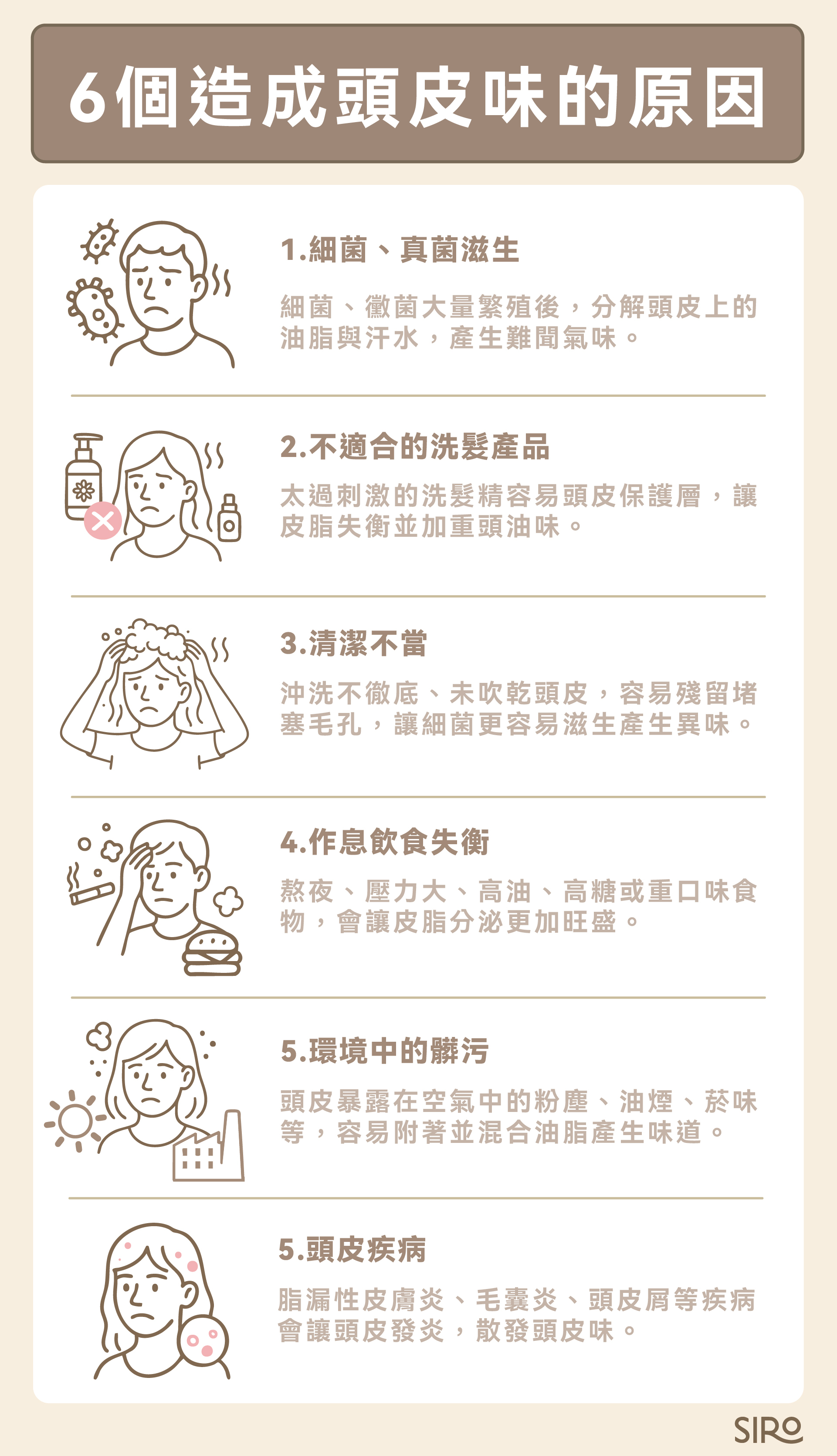 6個會造成頭皮味的原因:細菌與真菌的滋生、不適合的洗髮產品、清潔不當、作息與飲食失衡、環境污染與空氣中的髒污、頭皮疾病