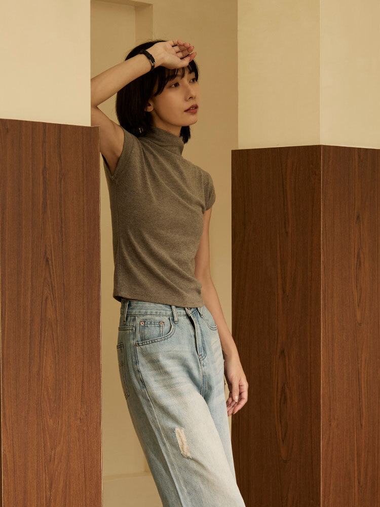 立領彈力小包袖上衣