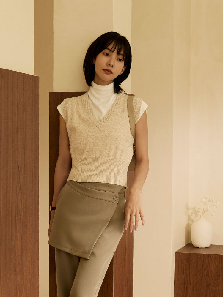 2603 V領羅紋縮口針織背心