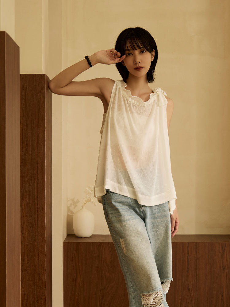 OH!HER 法式花綁帶削肩上衣（100%萊賽爾）