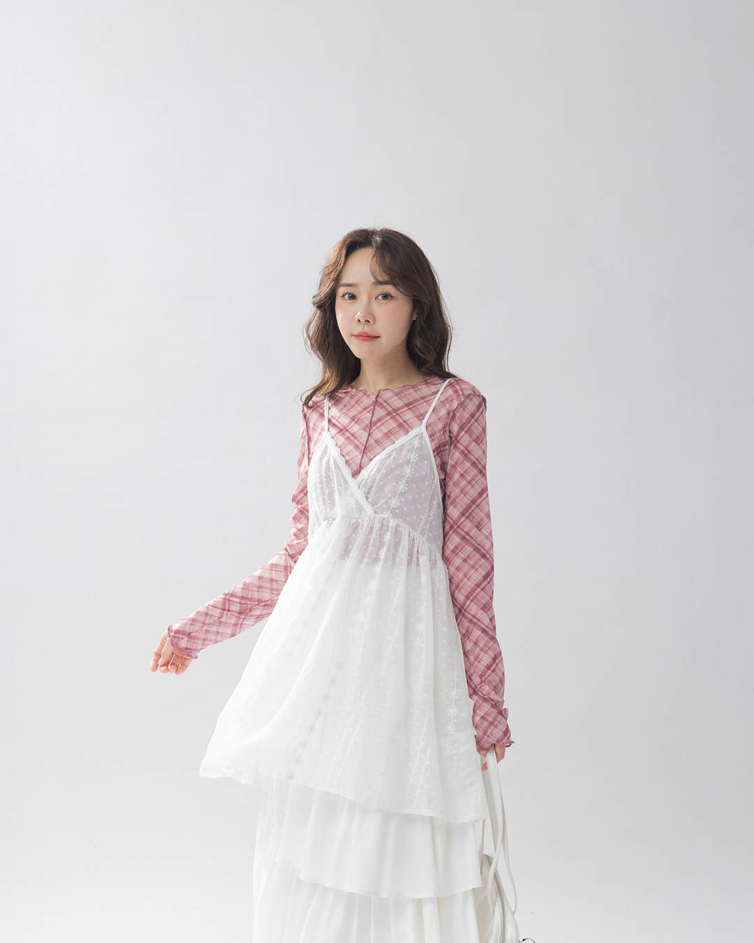 Plaid ruffled sheer long-sleeved top in four colors【01099105】in stock+pre-order