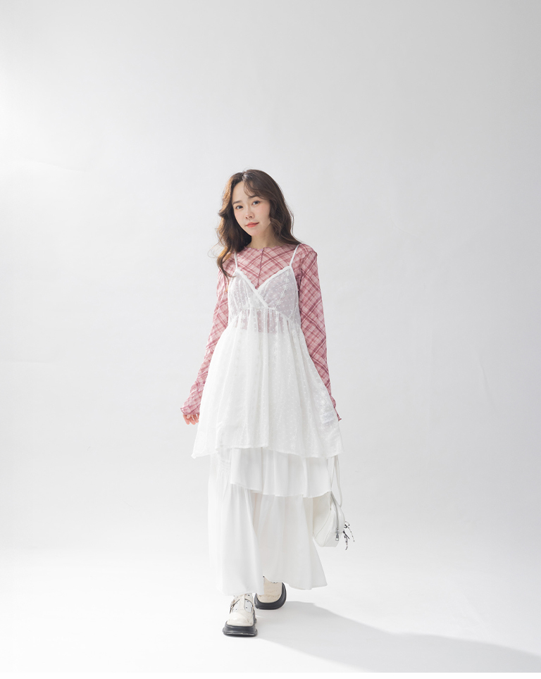Plaid ruffled sheer long-sleeved top in four colors【01099105】in stock+pre-order