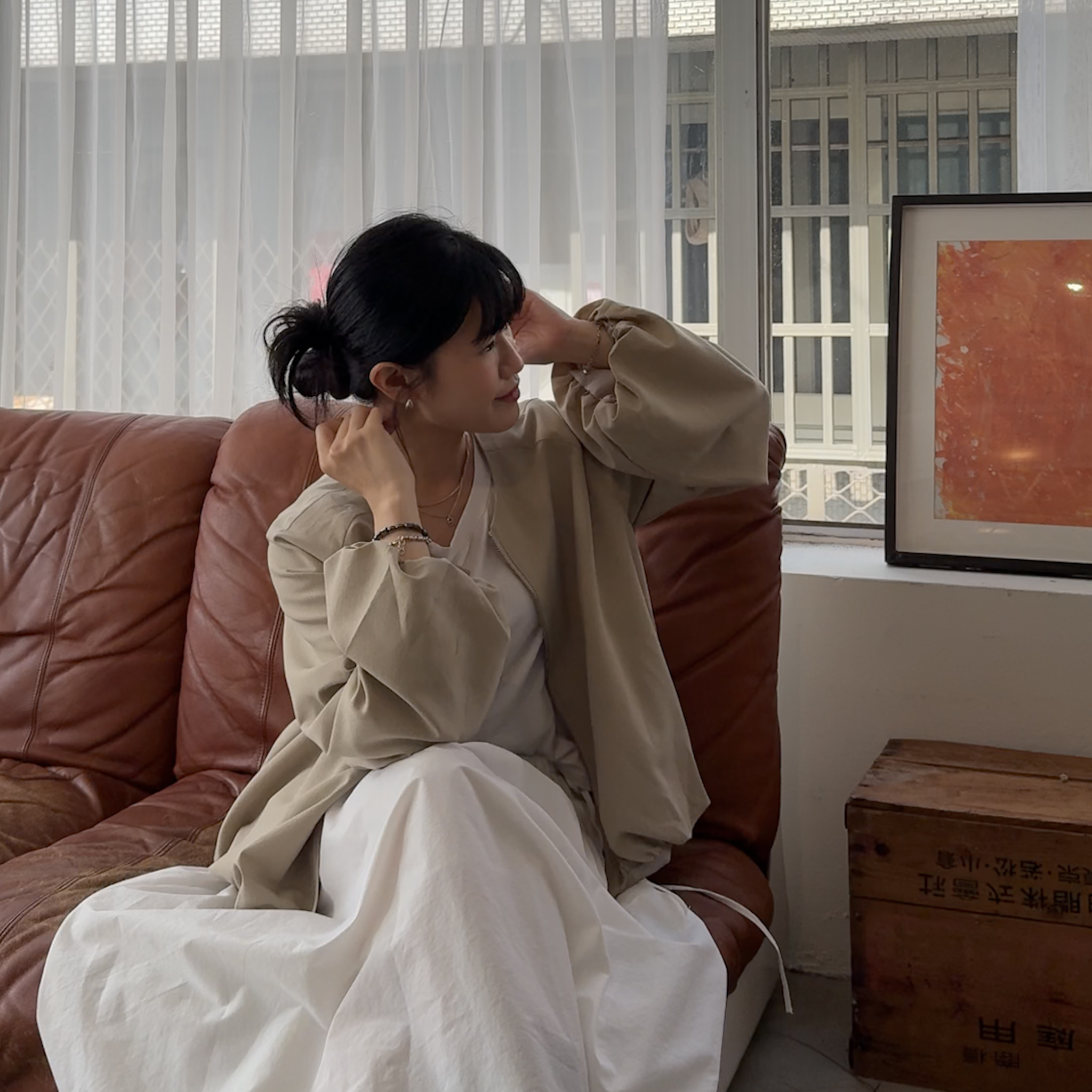 O02Rayon雲朵設計極簡拉鍊外(米)