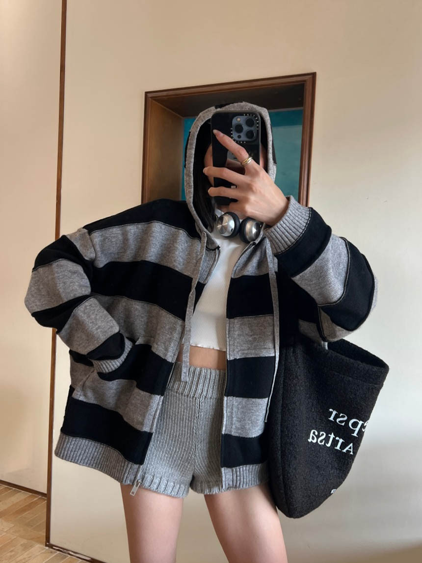 休閒針織條紋連帽外套*2色