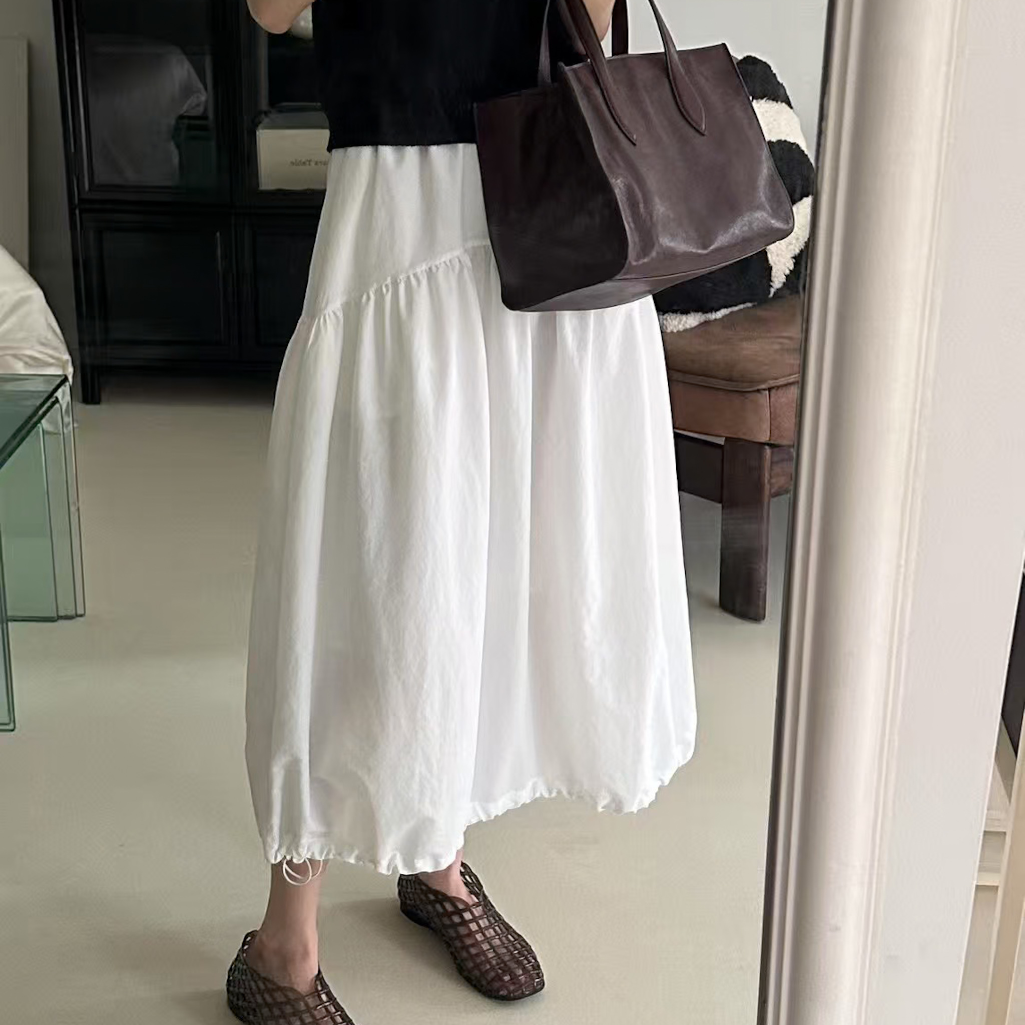 O06少量!單側抽繩綁帶設計縫線白裙