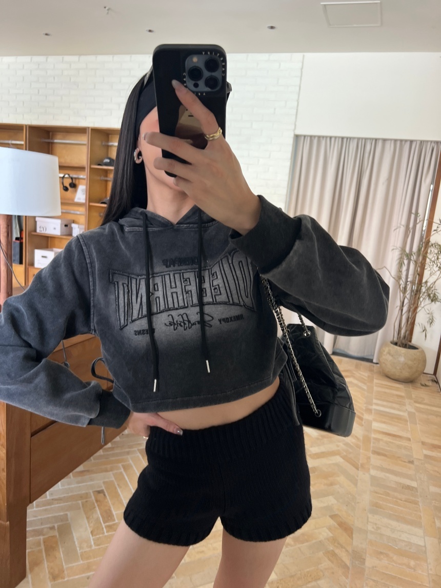 字母刷舊側綁帶連帽短版上衣