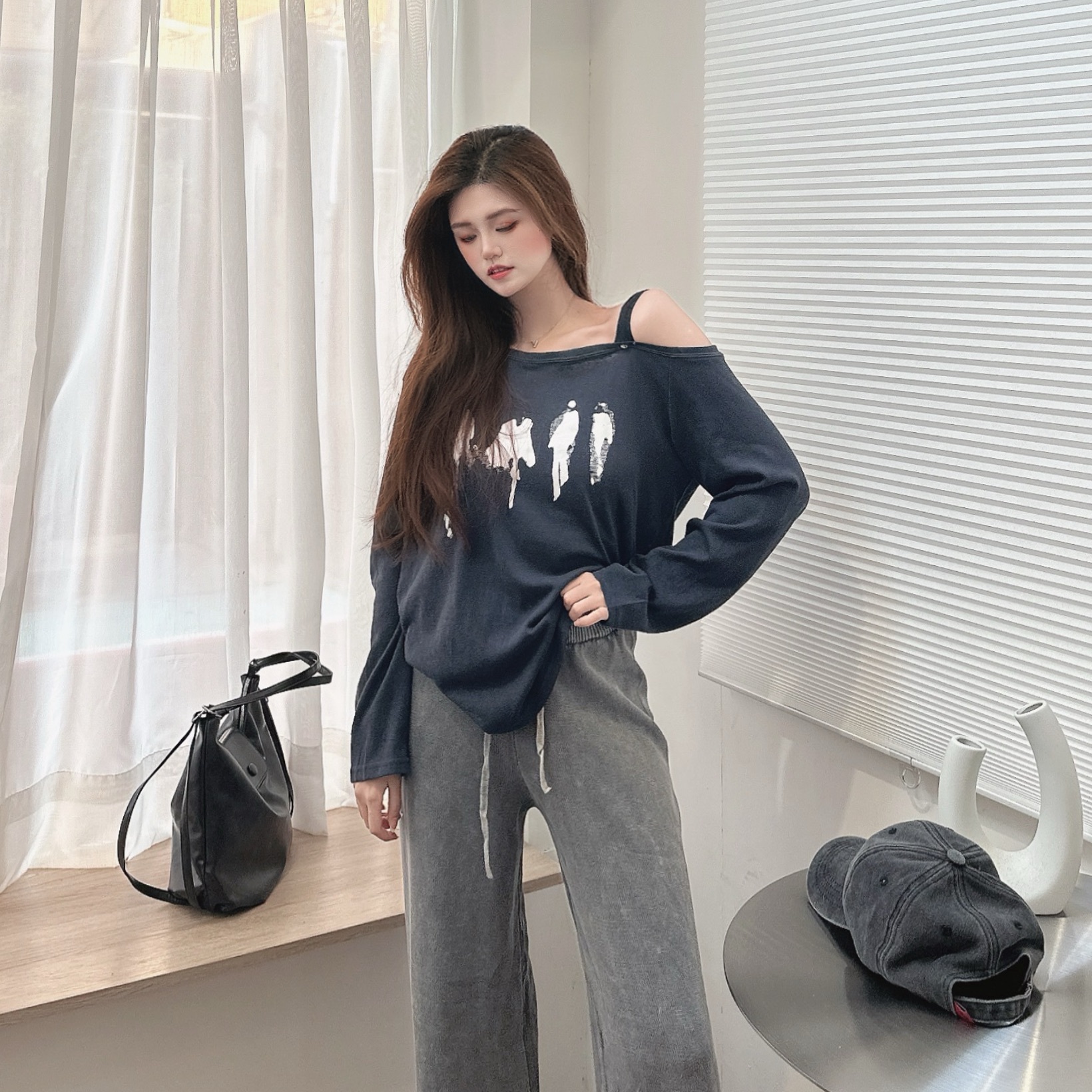 竹節棉斜單肩上衣/三色