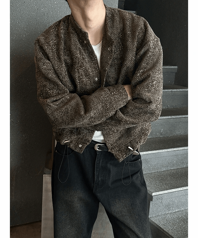 粗花呢短版開襟衫