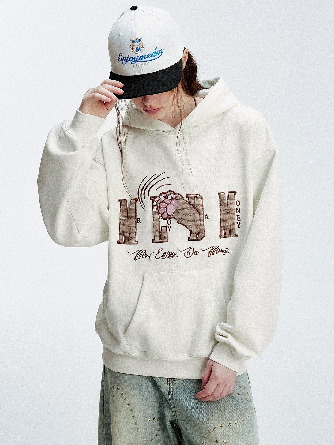 MEDM  貓爪Logo 貼毛料釘珠刺繡 寬鬆休閒 帽T