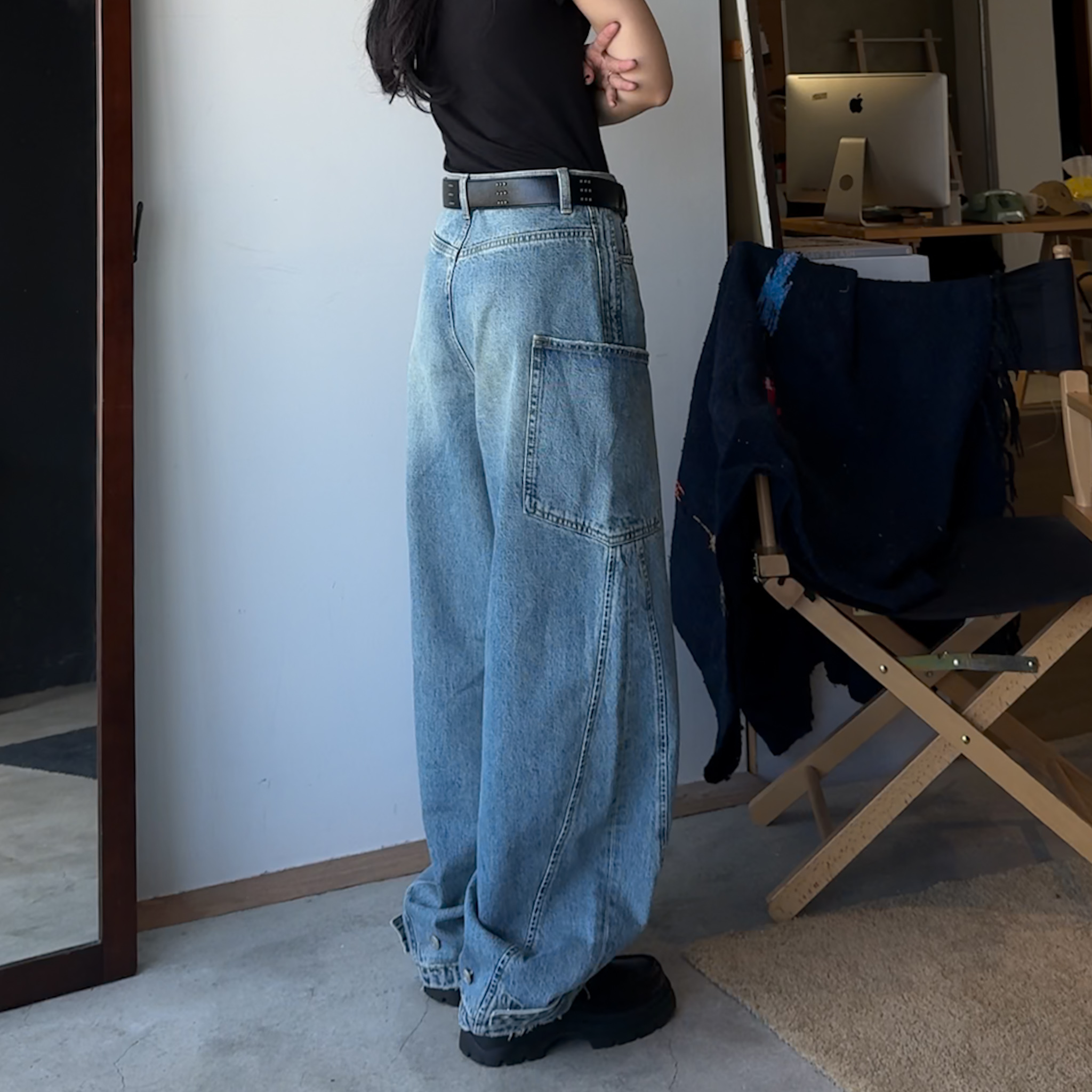 O14褲腳設計斜切口袋牛仔寬褲(S/M/L)