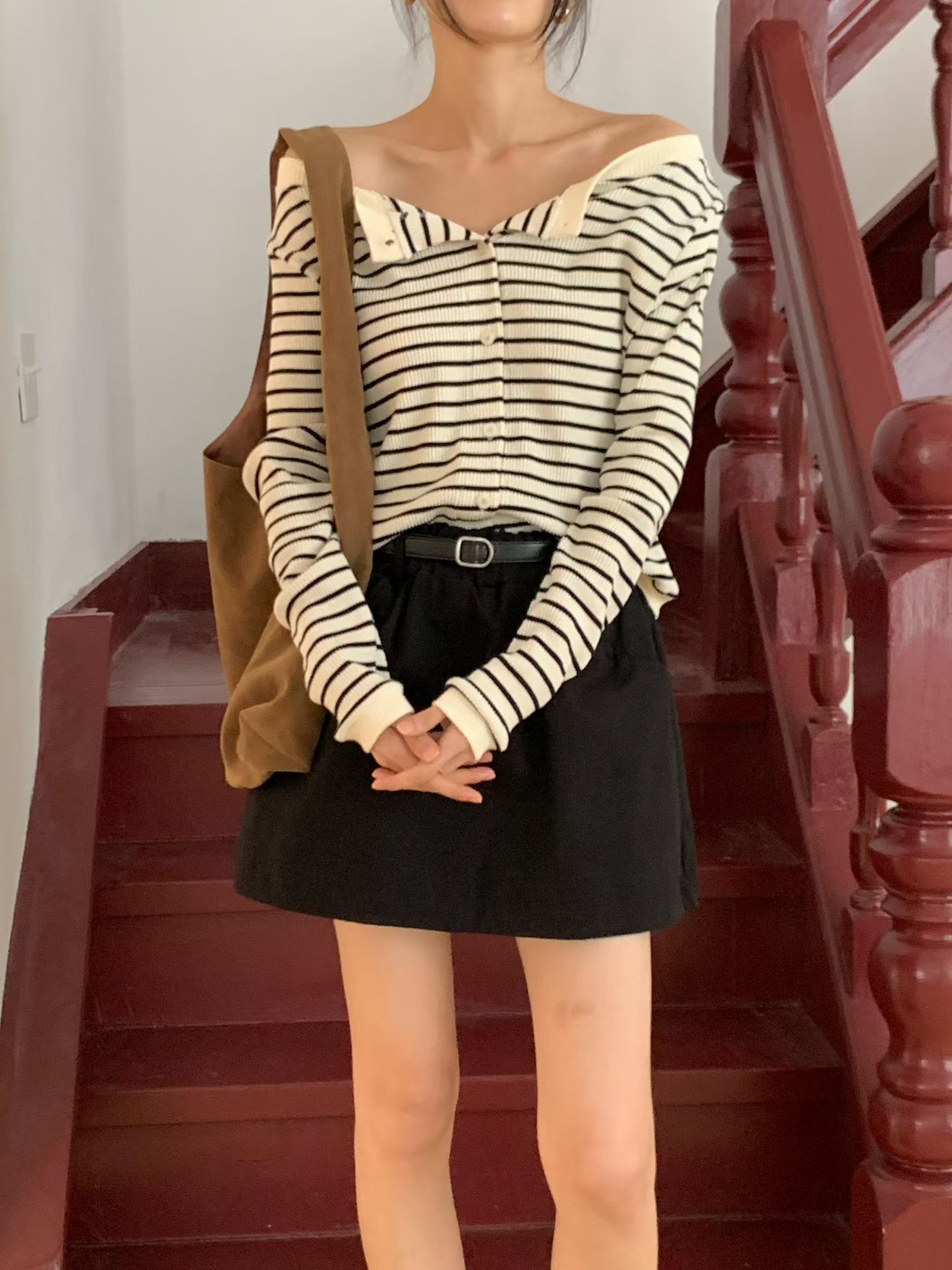 Boat neck ribbed knit cardigan