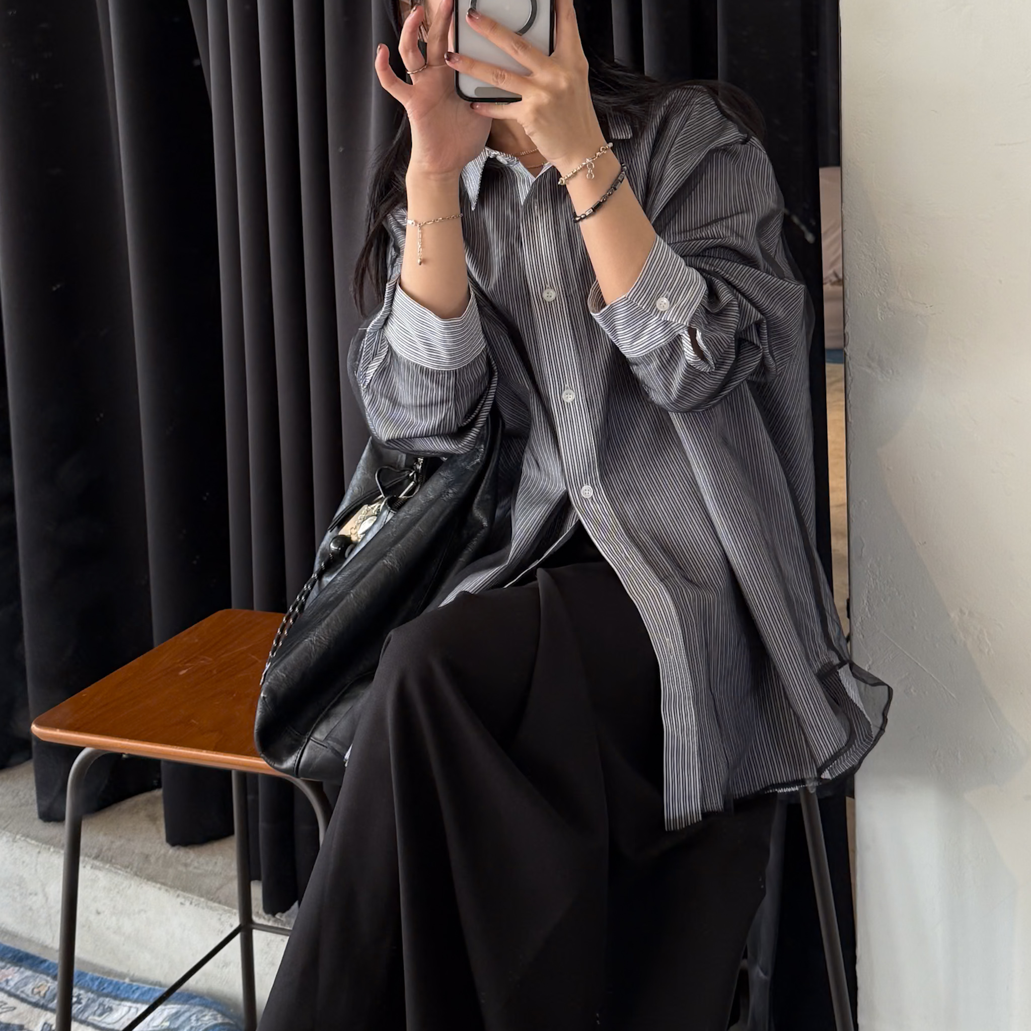 O31高級日感雙層霧透紗條紋襯(黑)