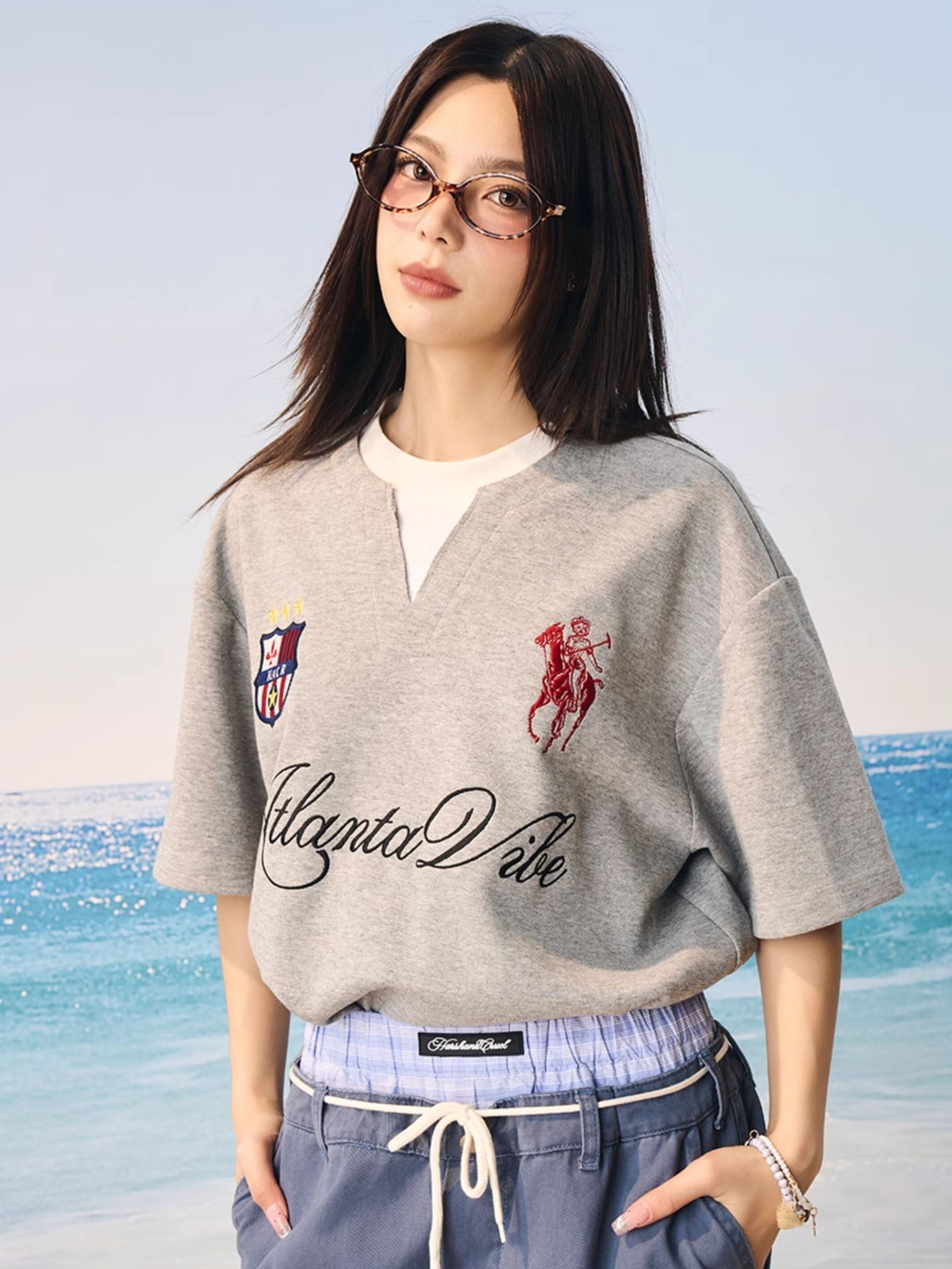 Harsh and Cruel College style embroidery fake two-piece henley collar short sleeve T-shirt HL251020084