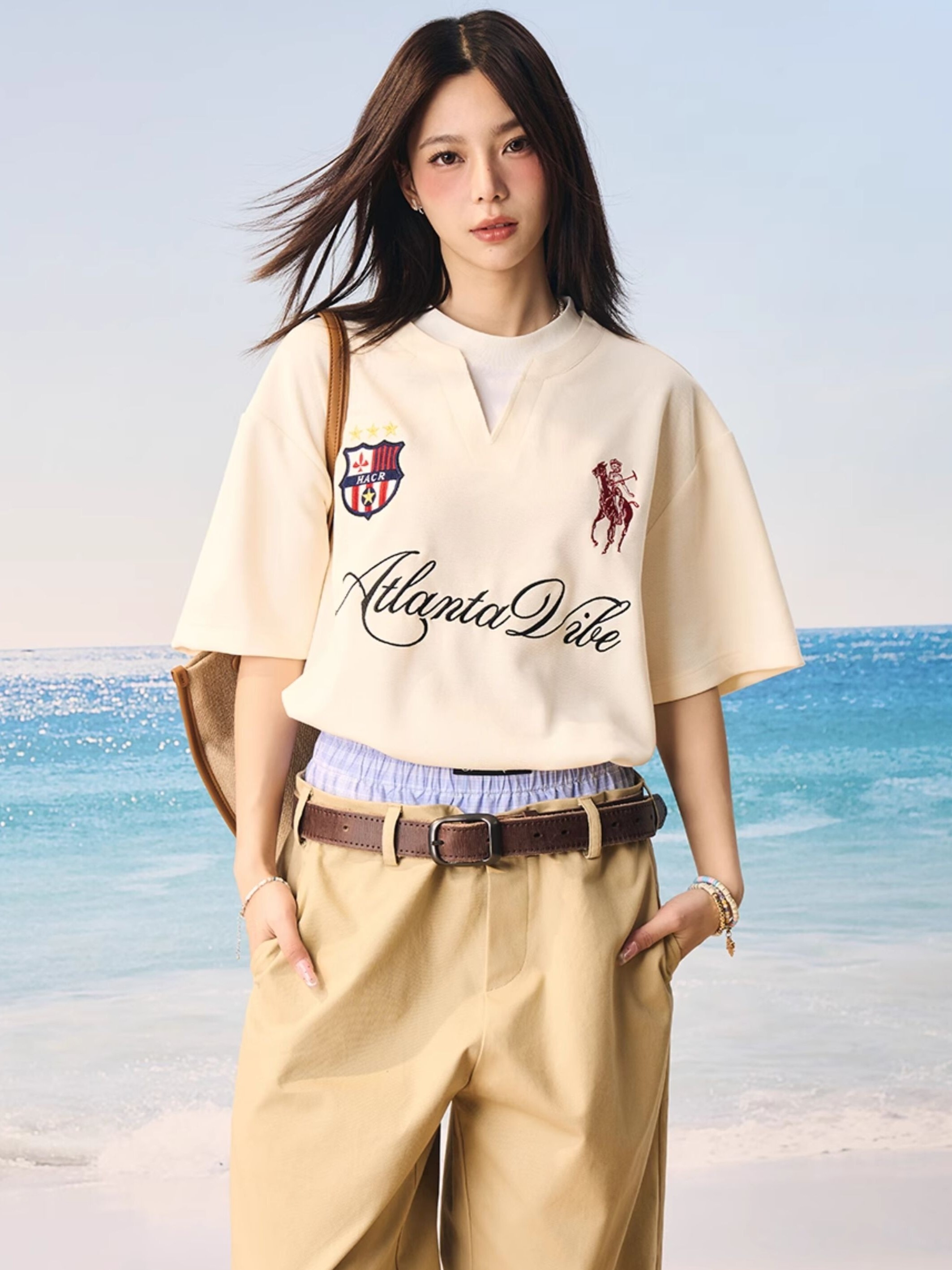 Harsh and Cruel College style embroidery fake two-piece henley collar short sleeve T-shirt HL251020084