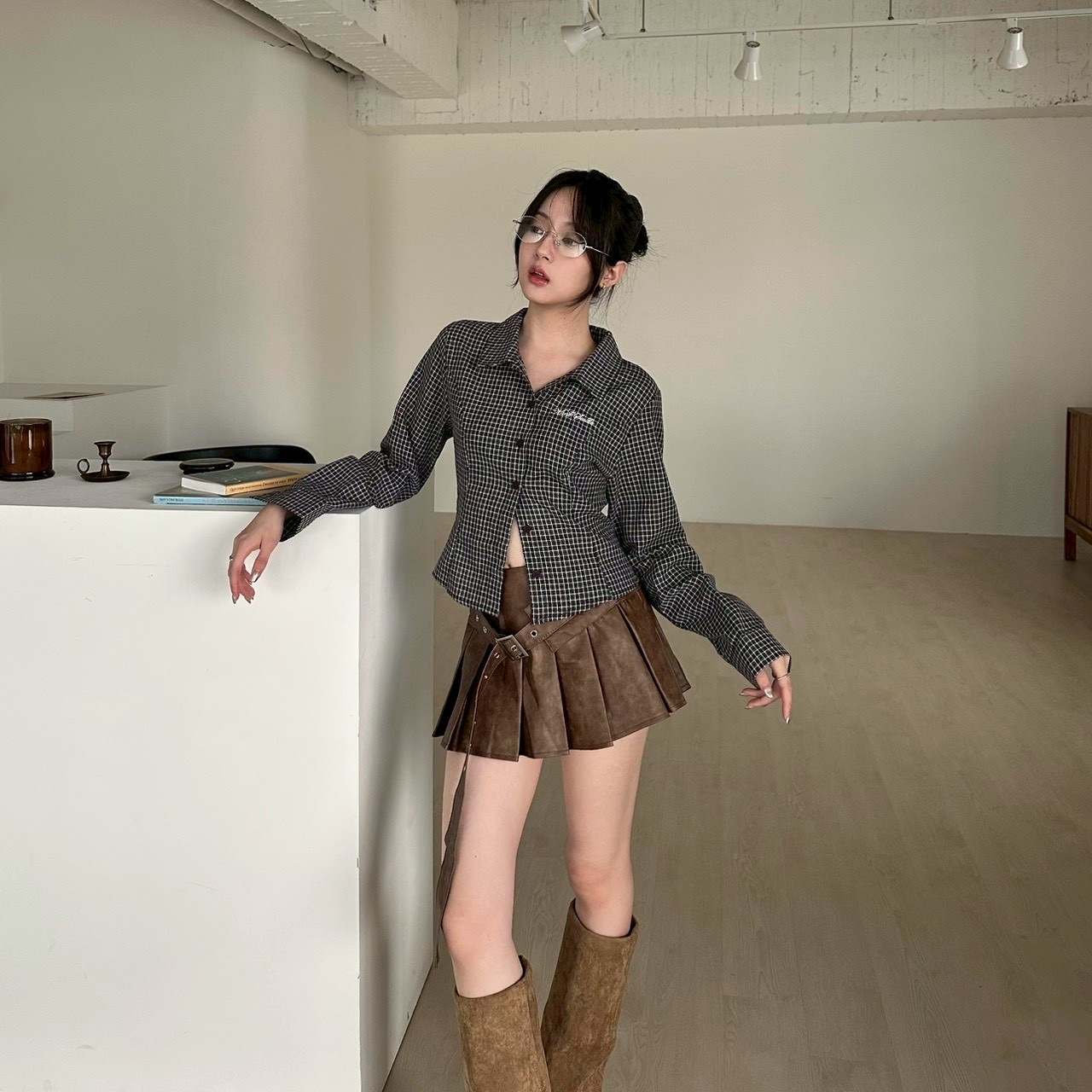 mmb摩卡拿鐵修身格紋襯衫