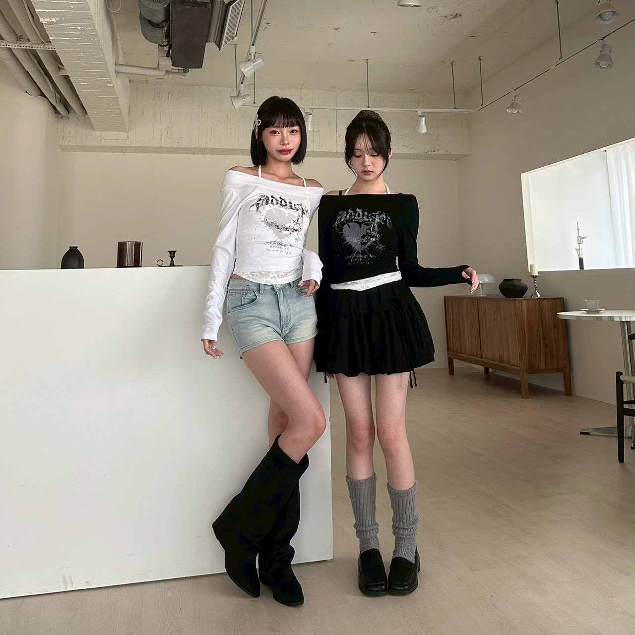 mmb荊棘愛心拼接蕾絲一字領上衣