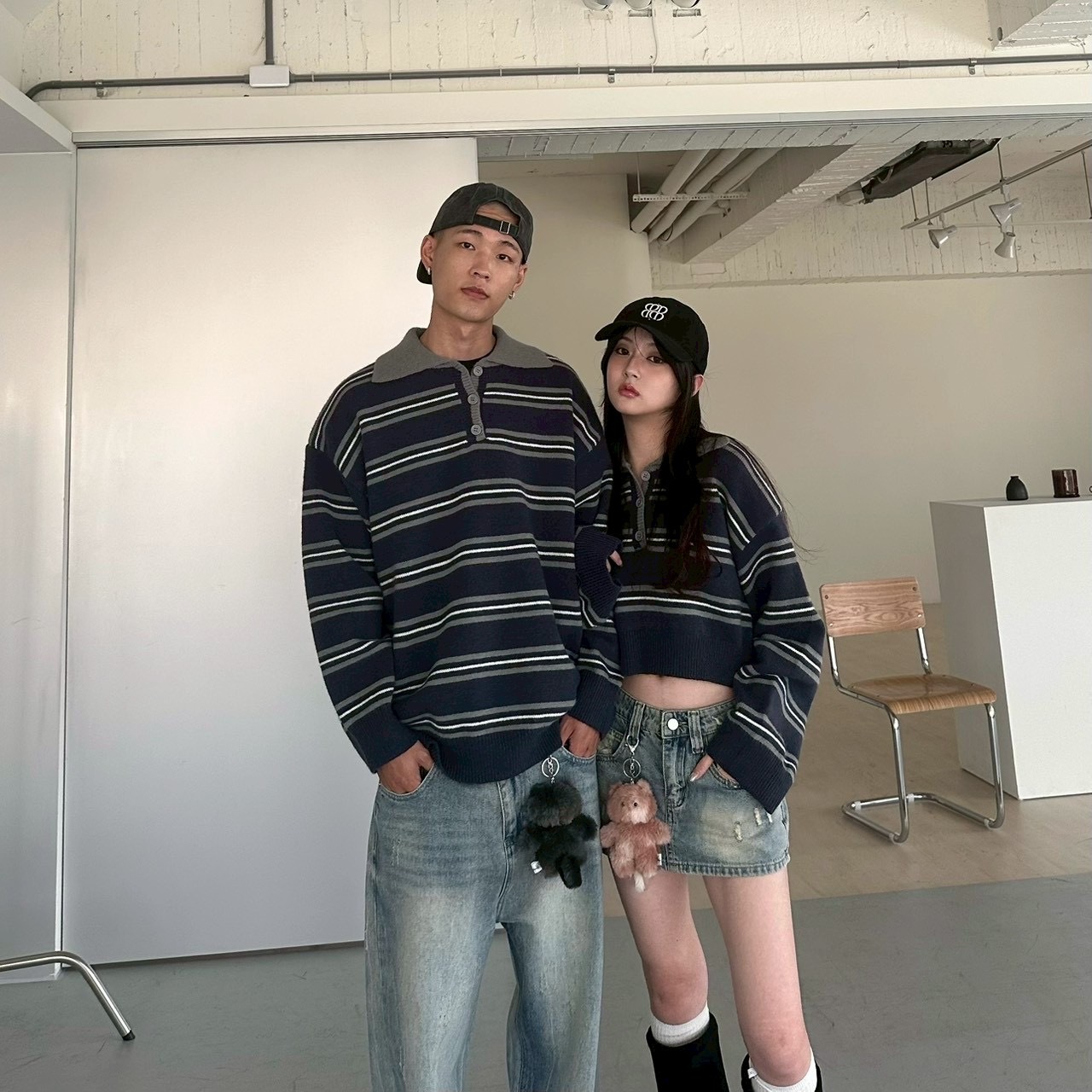 mmb灰霧藍條紋情侶翻領毛衣