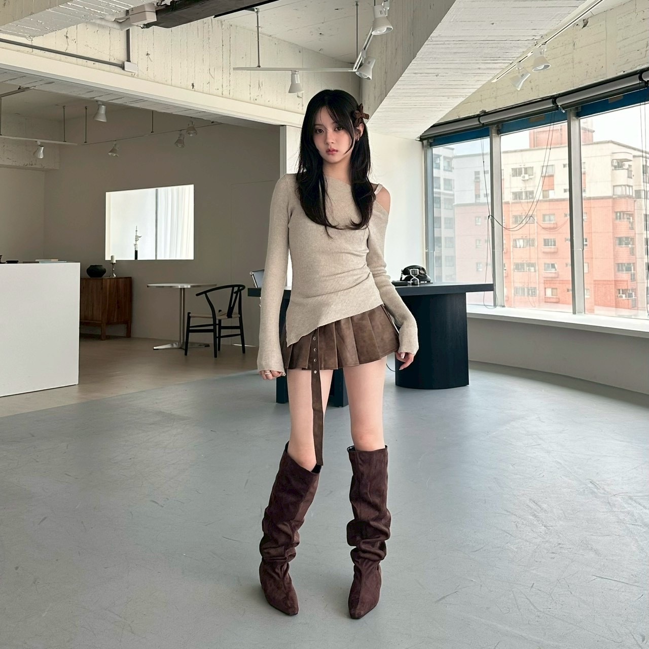 絨面內增高深棕瘦瘦堆堆長靴