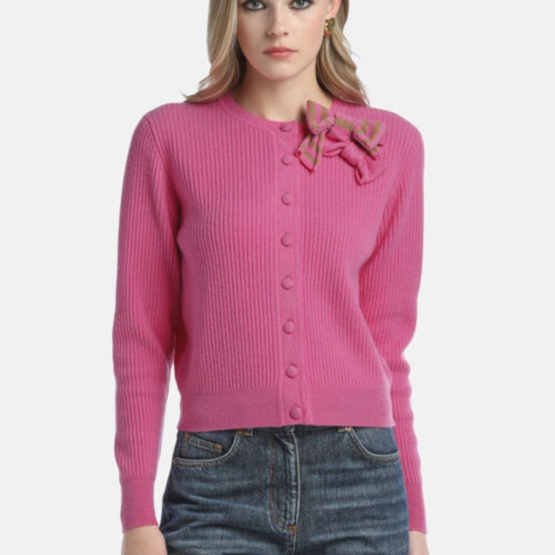 1LS1015-038 LUISA SPAGNOLI Cassiere Cardigan With Appliqué Fucsia #100183.833 (C-EU-E)