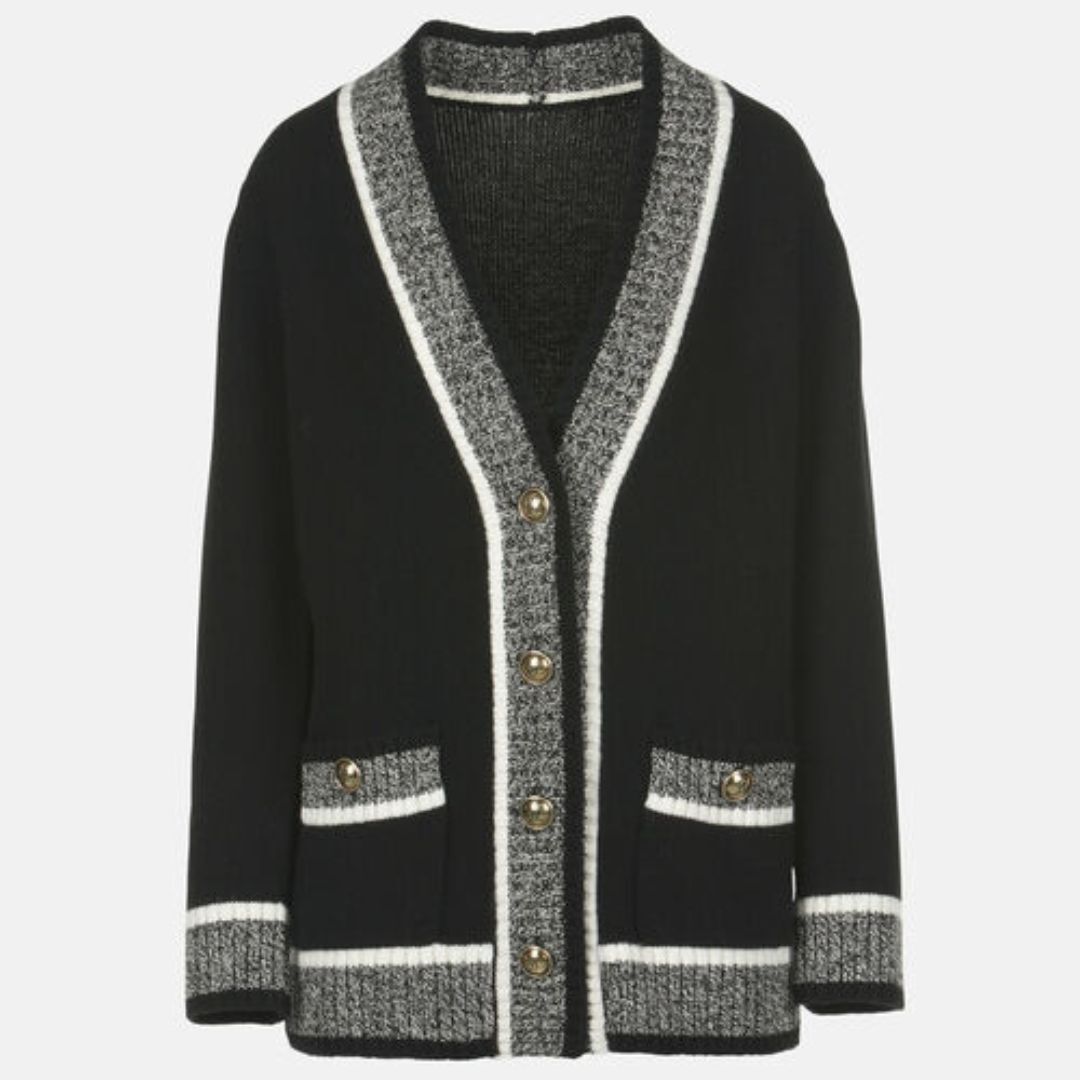 1LS1015-039 LUISA SPAGNOLI Ceneriera Cardigan With Contrast Details Var Nero Mulin Panna #100206.038 (C-K11-E)