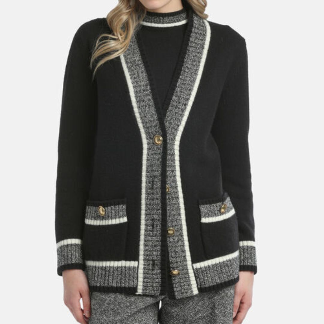 1LS1015-039 LUISA SPAGNOLI Ceneriera Cardigan With Contrast Details Var Nero Mulin Panna #100206.038 (C-K11-E)