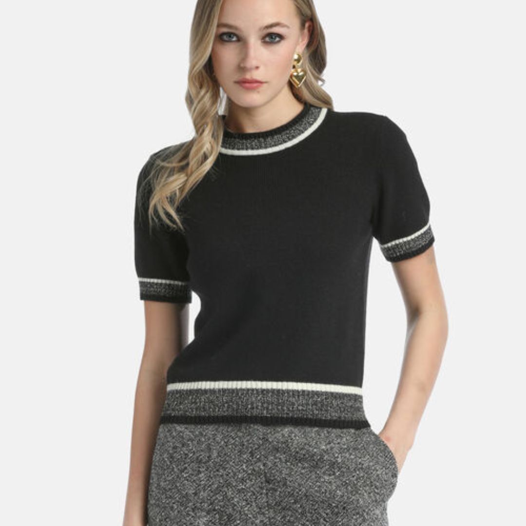 1LS1015-040 LUISA SPAGNOLI Cenerino Knit Top Var Black Muslin Off White #100205.3038 (C-EU-E)