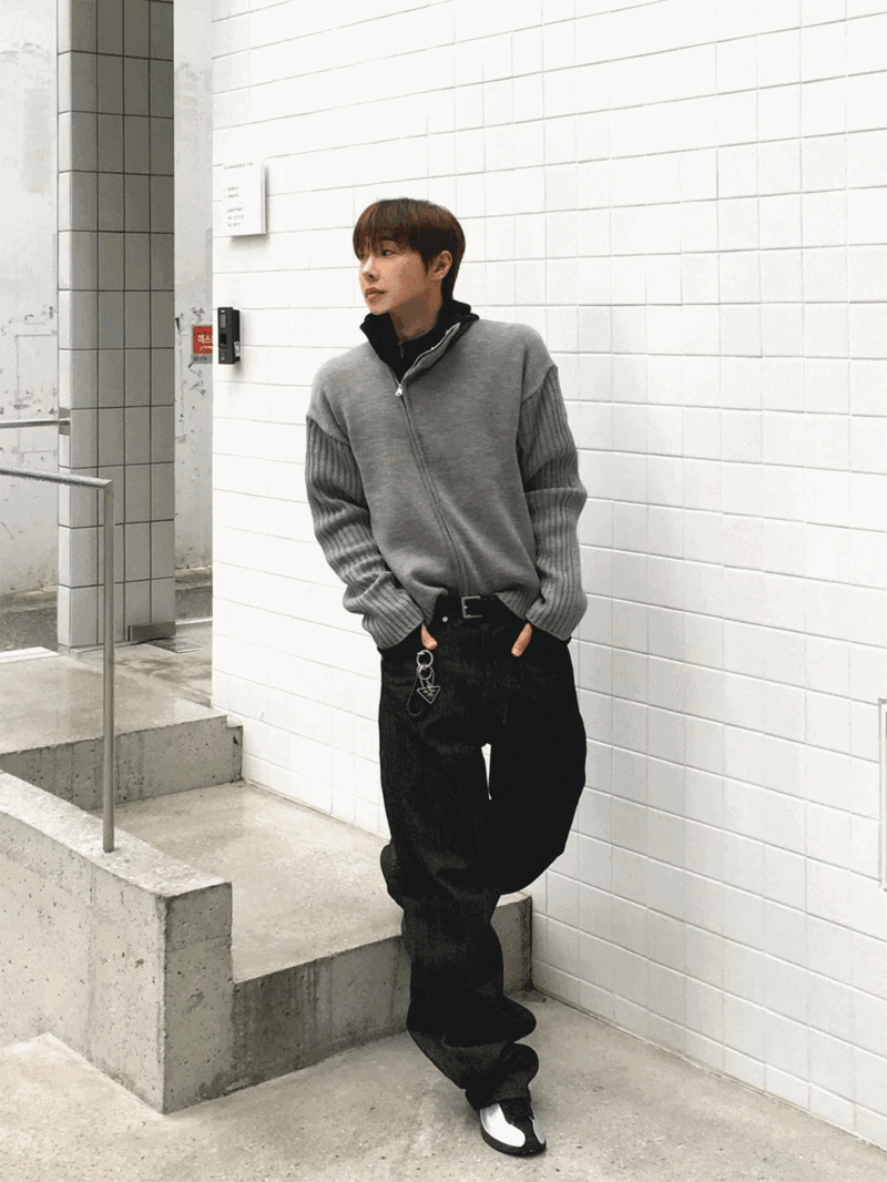 羅紋袖斜拉鍊針織開襟衫