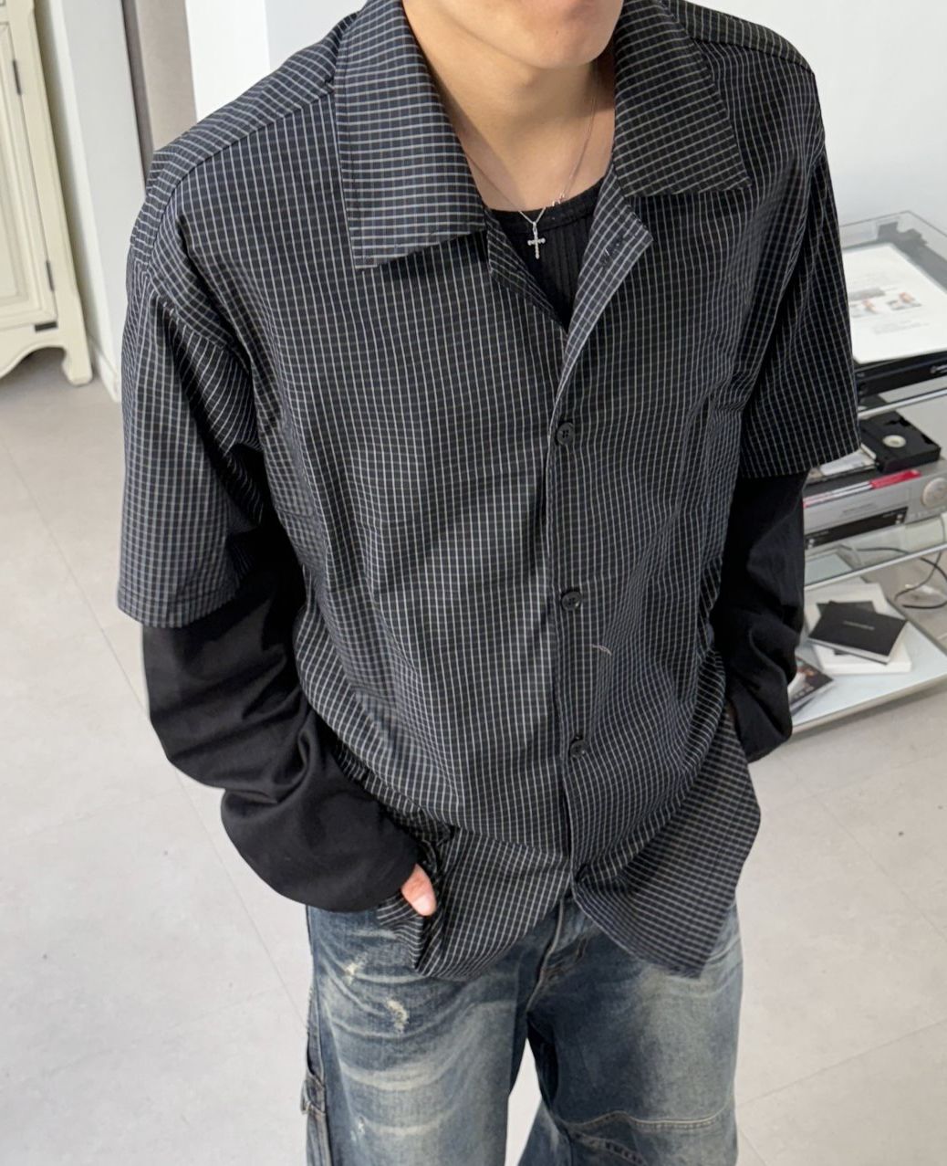 假兩件格仔長袖恤衫 MALENKII-165S