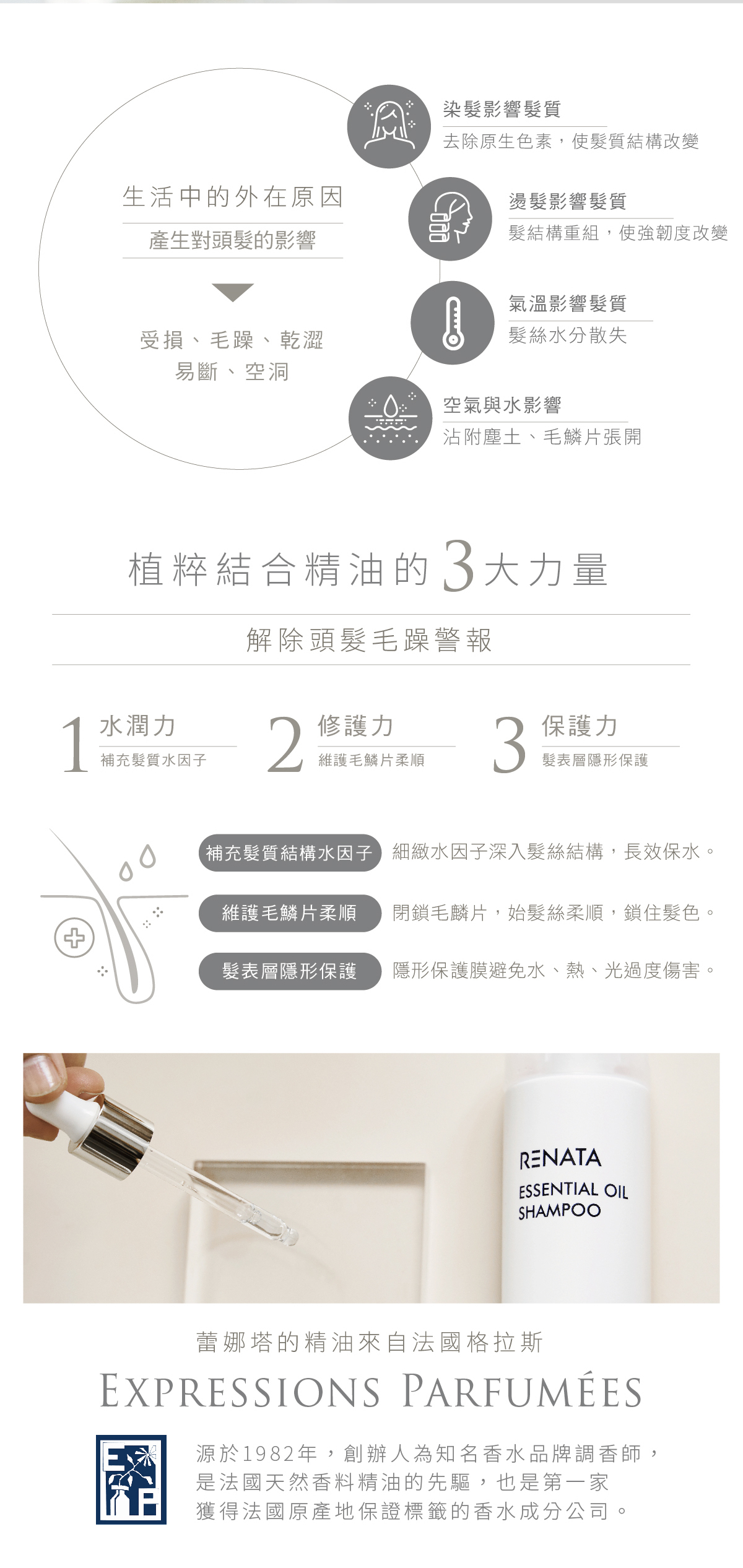 生活中的外在原因,產生對頭髮的影響,受損,毛躁,乾澀,易斷,空洞,染髮影響髮質,去除原生色素,使髮質結構改變,燙髮影響髮質,髮結構重組,使強韌度改變,氣溫影響髮質,髮絲水分散失,空氣與水影響,沾附塵土,毛鱗片張開,植粹結合精油的3大力量,解除頭髮毛躁警報,水潤力,補充髮質水因子,修護力,維護毛鱗片柔順,保護力,髮表層隱形保護,補充髮質結構水因子,維護毛鱗片柔順,髮表層隱形保護,細緻水因子深入髮絲結構,長效保水,閉鎖毛鱗片,使髮絲柔順,鎖住髮色,隱形保護膜避免水熱光過度傷害,蕾娜塔的精油來自法國格拉斯