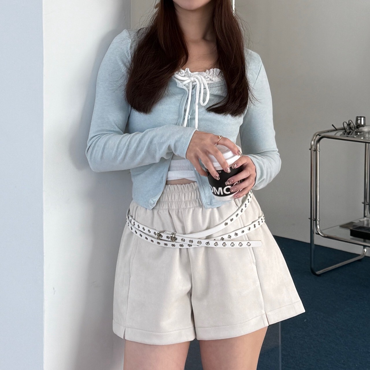 小衩細節plan 高腰麂皮絨短褲