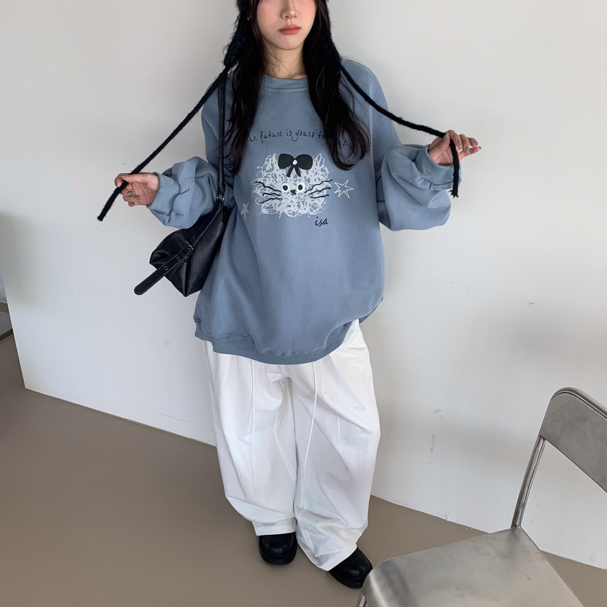 ISA_【ISA MADE】炸毛捲捲貓! 手繪插畫寬鬆大學TEE_51007