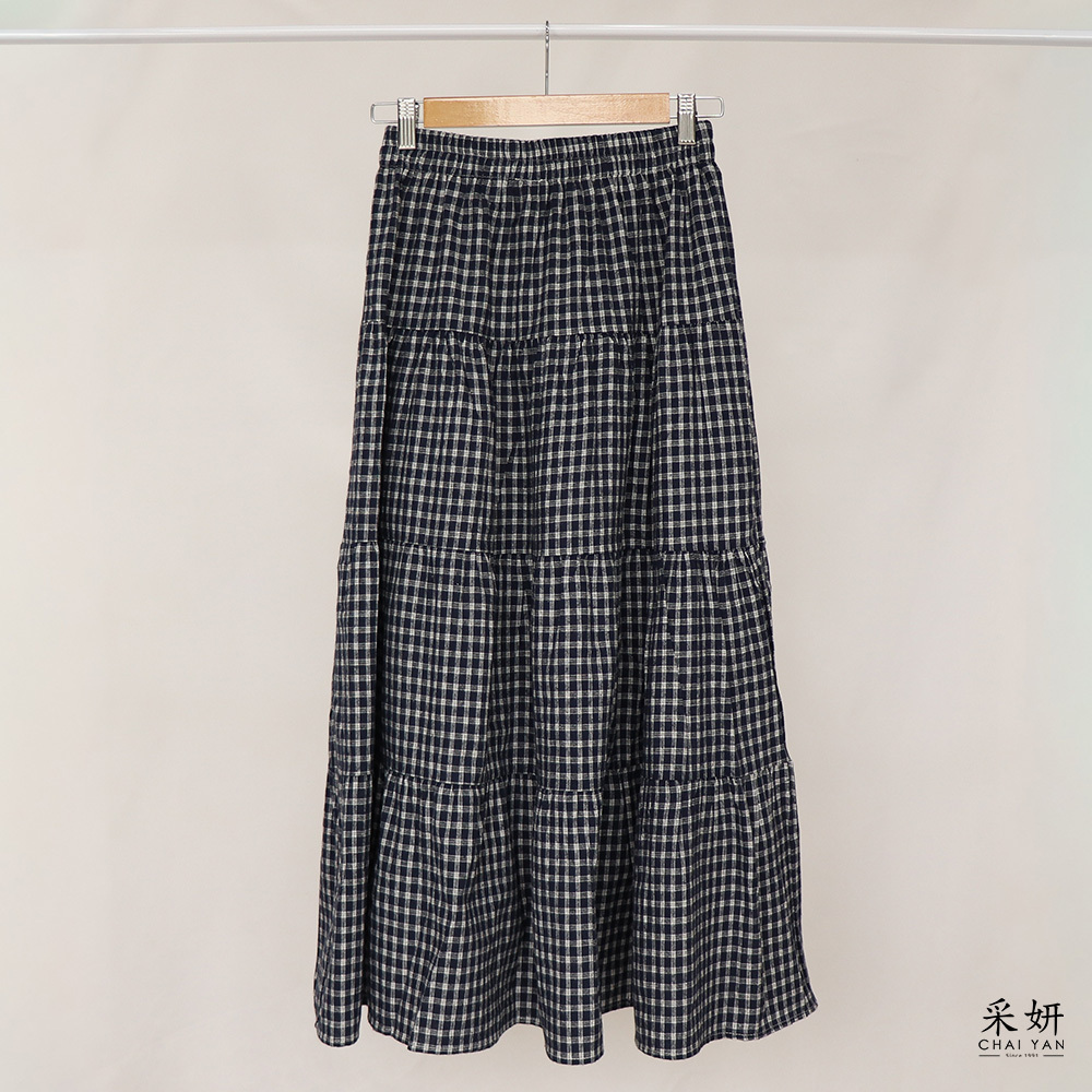 學院格子風鬆緊腰四節蛋糕長裙