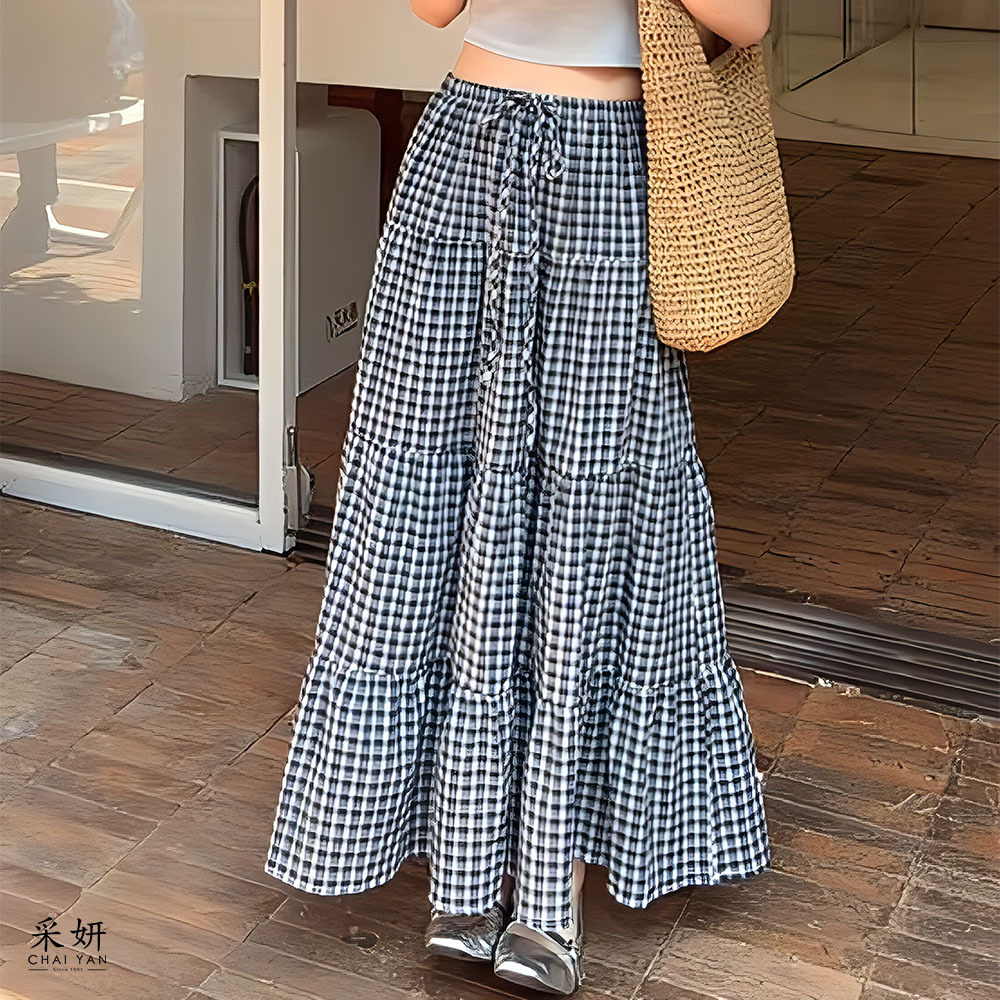 學院格子風鬆緊腰四節蛋糕長裙