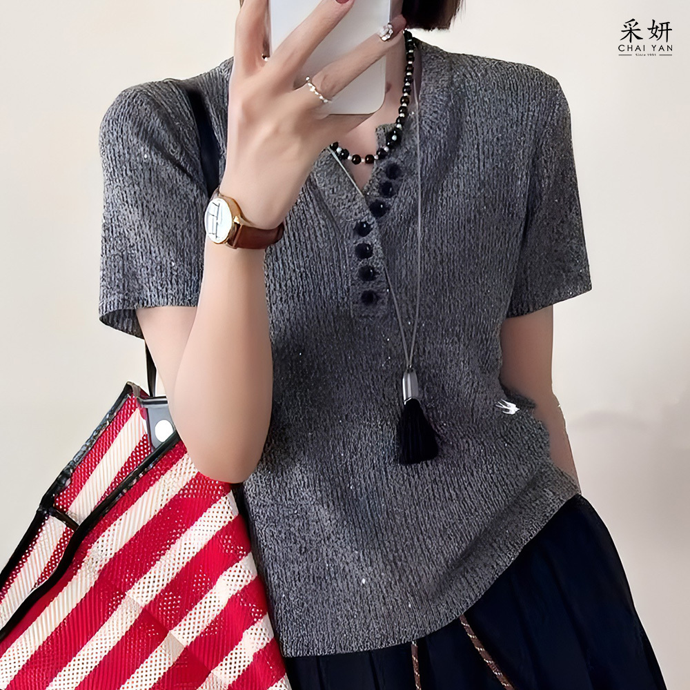 羅紋雪花針織V領短袖上衣