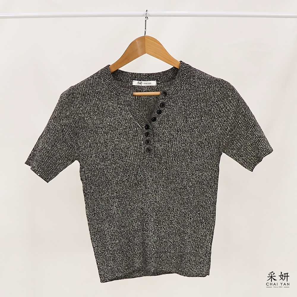 羅紋雪花針織V領短袖上衣