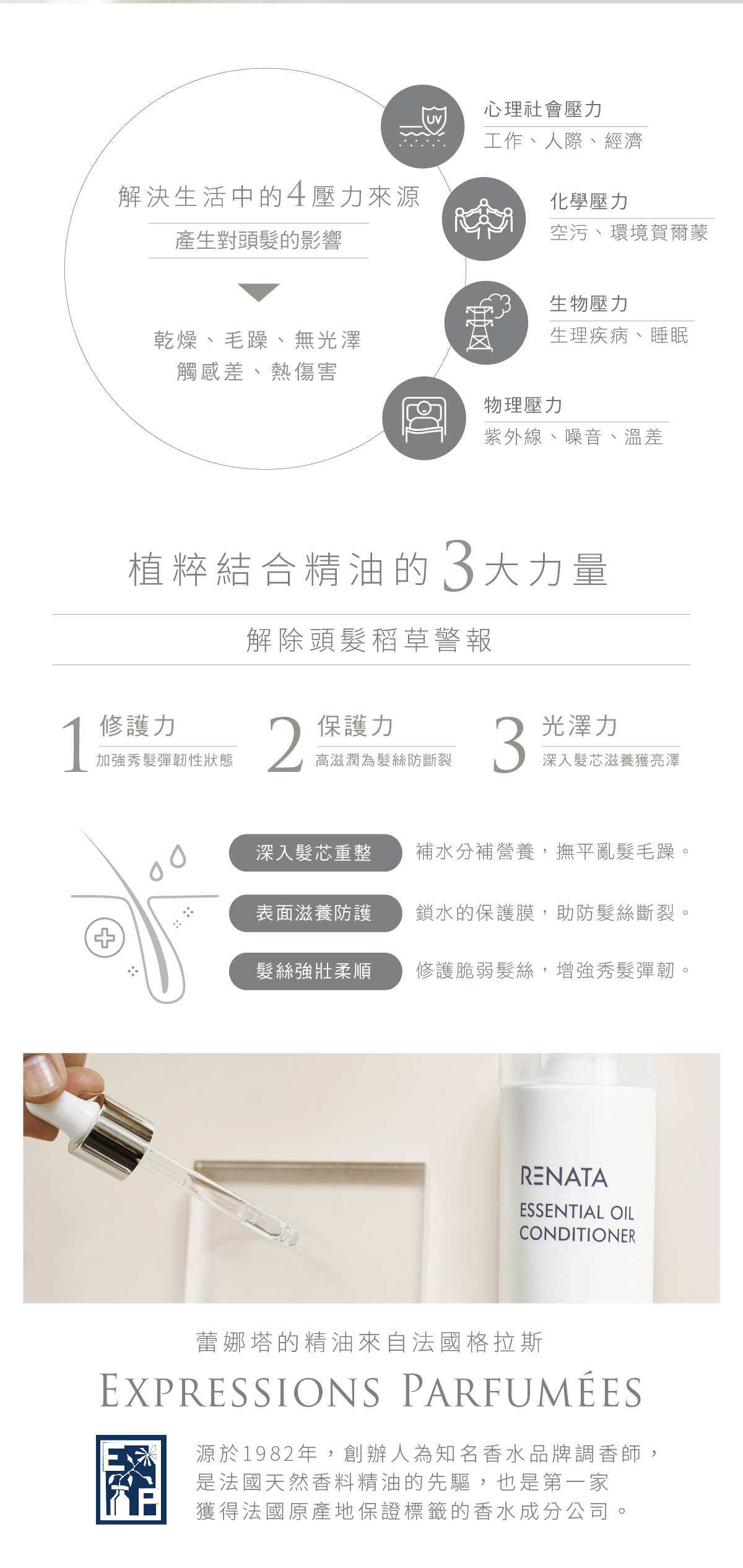 解決生活中的4壓力來源,產生對頭髮的影響,乾燥,毛躁,無光澤,觸感差,熱傷害,心理社會壓力,工作,人際,經濟,化學壓力,空汙,環境賀爾蒙,生物壓力,生理疾病,睡眠,物理壓力,紫外線,噪音,溫差,植粹結合精油的3大力量,解除頭髮稻草警報,修護力,加強秀髮彈韌性狀態,保護力,高滋潤為髮絲防斷裂,光澤力,深入髮芯滋養獲亮澤,深入髮芯重整,補水分補營養,撫平亂髮毛躁,表面滋養防護,鎖水的防護膜,助防髮絲斷裂,髮絲強壯柔順,修護脆弱髮絲,增強秀髮彈韌,蕾娜塔的精油來自法國格拉 斯