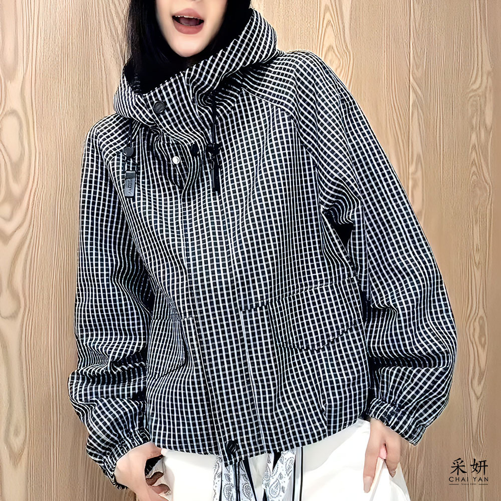 韓風黑白格紋無肩線連帽防風外套