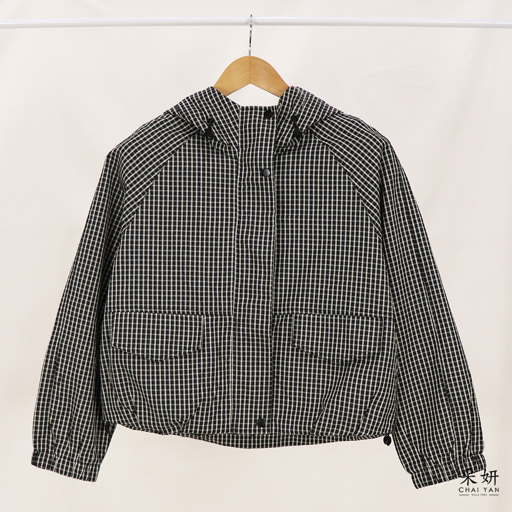 韓風黑白格紋無肩線連帽防風外套