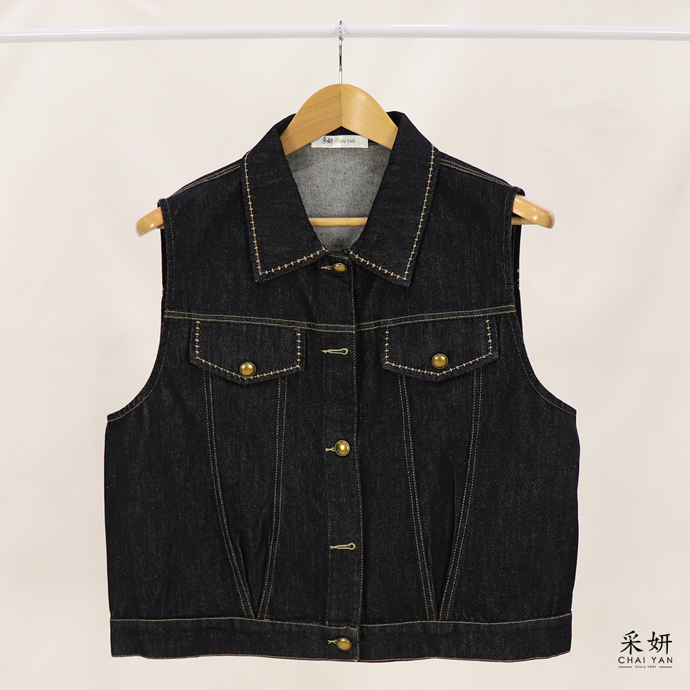 復古風跳色縫線牛仔翻領背心
