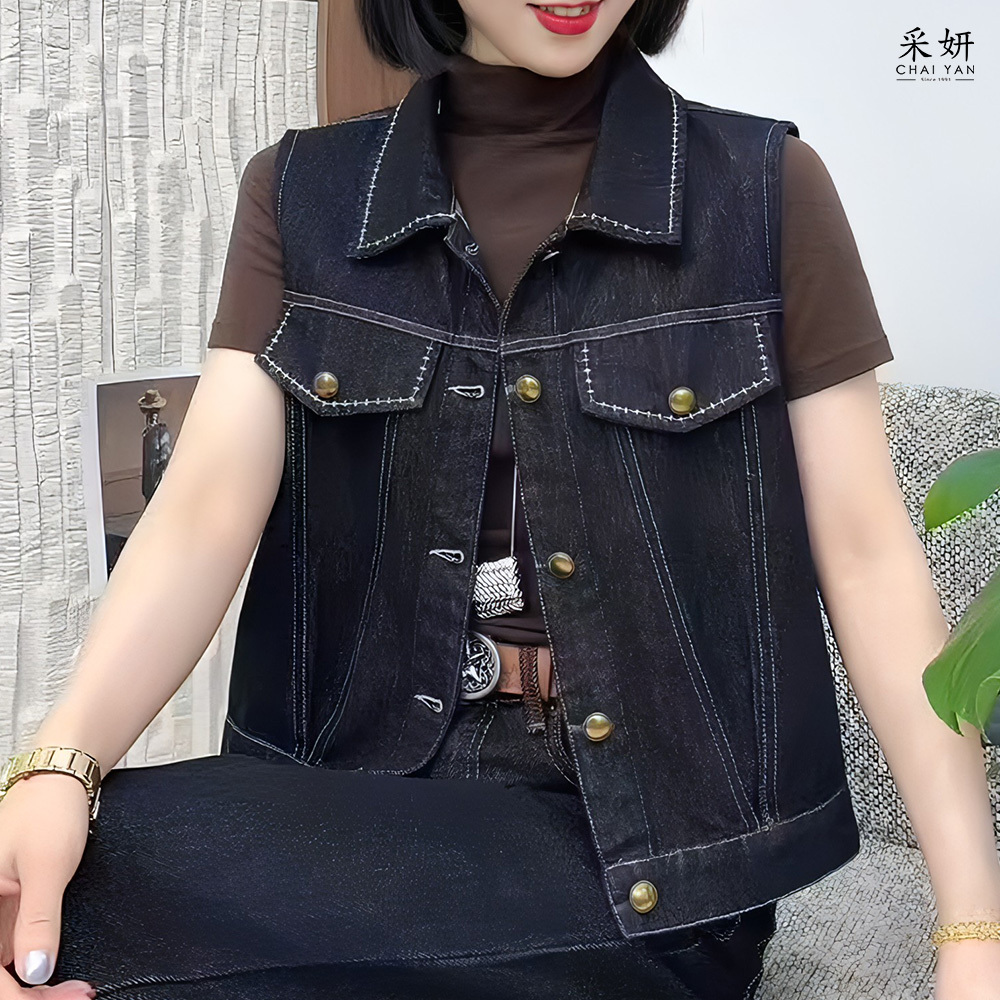 復古風跳色縫線牛仔翻領背心