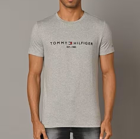 [S] TOMMY HILFIGER MEN'S LETTERING LOGO EMBROIDERY LOGO SHORT SLEEVE T-SHIRT,GREY, 78J6318-031 (STH77)