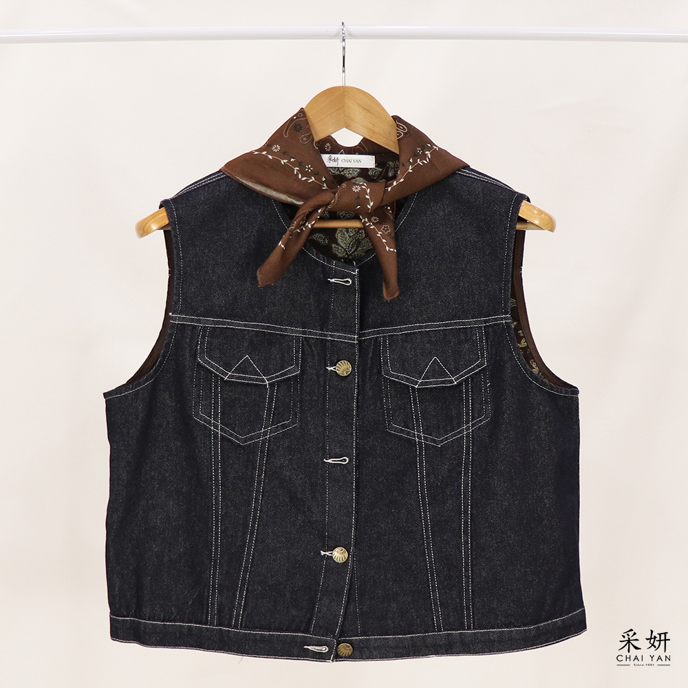 復古風附圍巾跳色縫線牛仔圓領背心