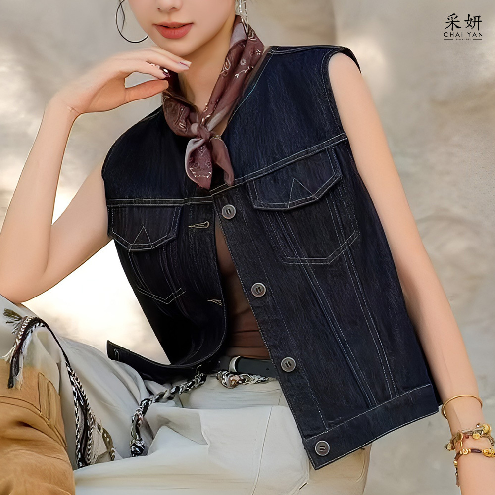 復古風附圍巾跳色縫線牛仔圓領背心