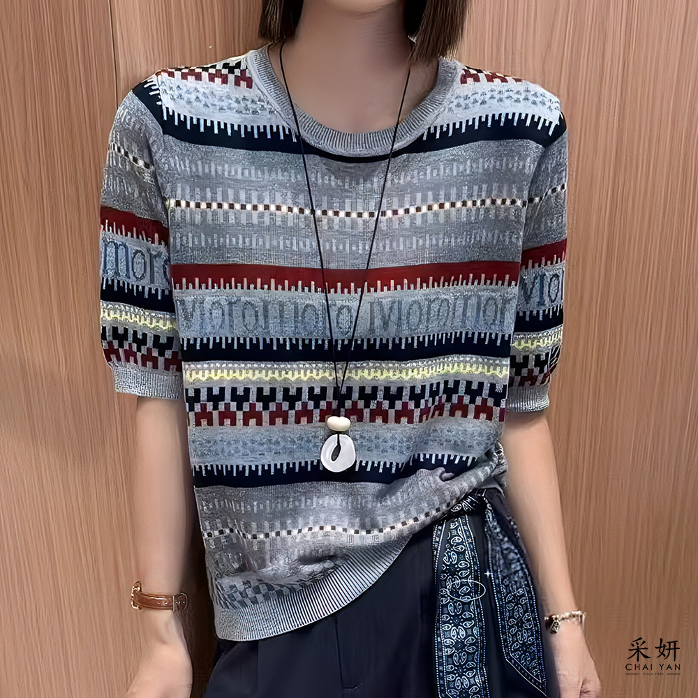 字母幾何圖騰針織圓領半袖上衣