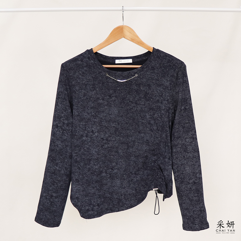 大理石紋小綴飾單側收腰圓領長袖上衣