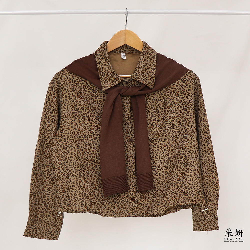 落肩豹紋披肩襯衫長袖上衣