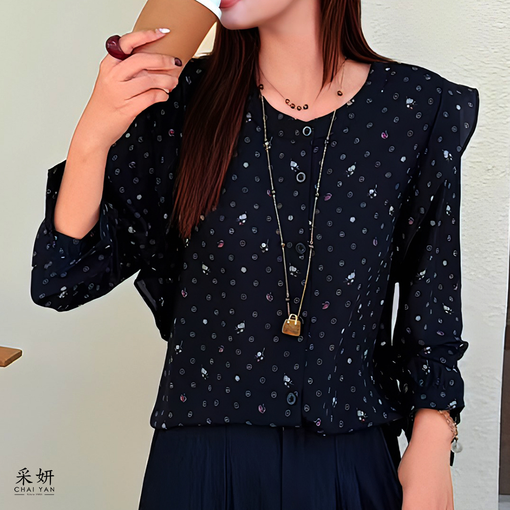 幾何花朵雪紡圓領襯衫長袖上衣